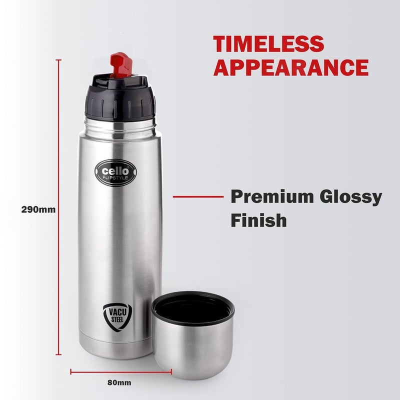 Cello Cello Flipstyle Thermosteel Flask with Thermal Jacket 1000ml, Silver | 24 Hours Hot & Cold Water Bottle | Flask for Tea Coffee | Rust & Leak Proof | Ideal for Office, Gym, Home, Kitchen, Travel Bottle  - Image 5