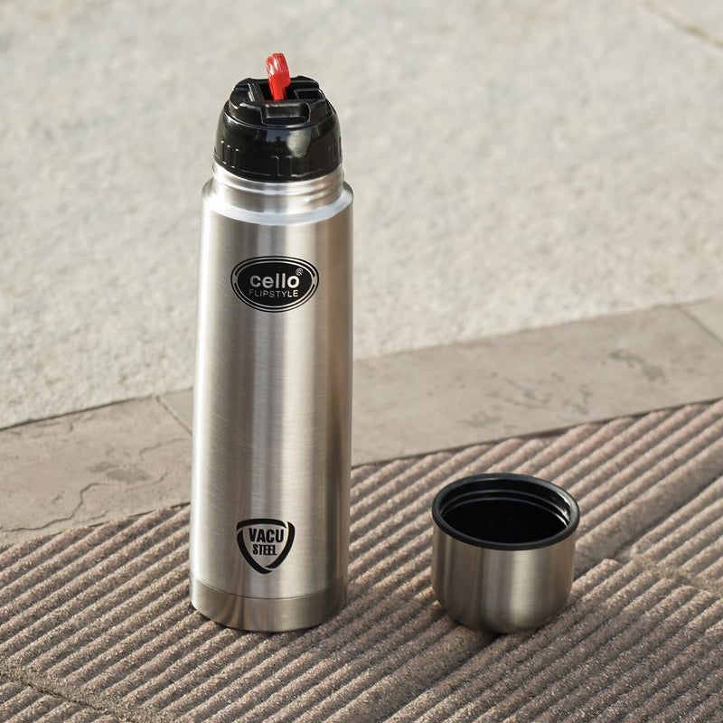 Cello Cello Flipstyle Thermosteel Flask with Thermal Jacket 1000ml, Silver | 24 Hours Hot & Cold Water Bottle | Flask for Tea Coffee | Rust & Leak Proof | Ideal for Office, Gym, Home, Kitchen, Travel Bottle  - Image 2