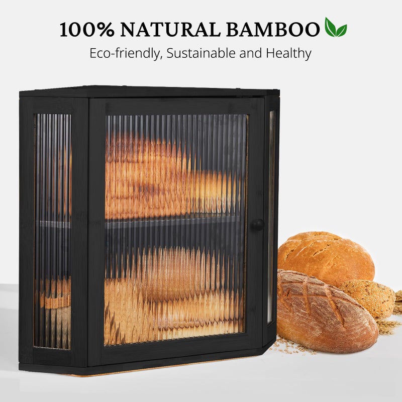BRONYPRO Corner Bread Box for Kitchen Countertop, Double Layer Bamboo Breadbox with Adjustable Partition, Modern Bread Storage Organizer (Extra Large Black) - Image 4