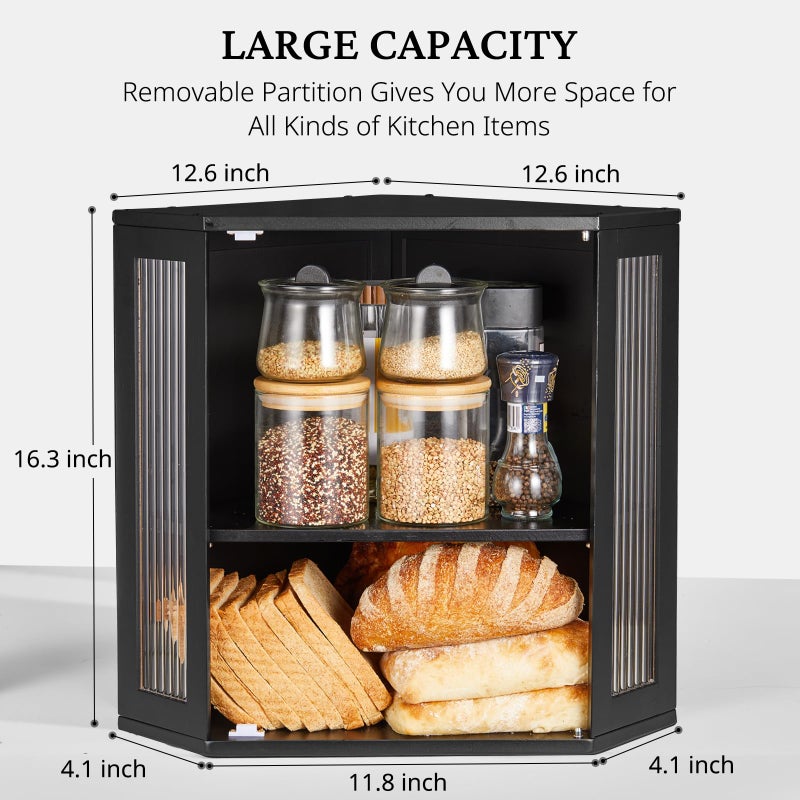 BRONYPRO Corner Bread Box for Kitchen Countertop, Double Layer Bamboo Breadbox with Adjustable Partition, Modern Bread Storage Organizer (Extra Large Black) - Image 3
