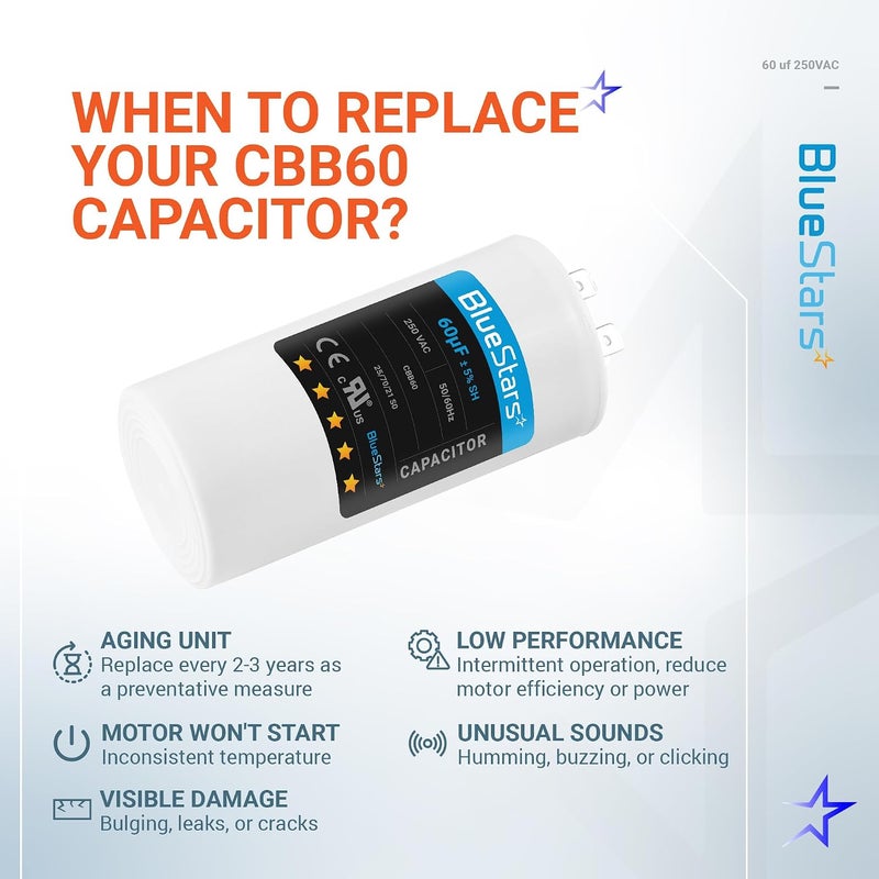 BlueStars 60uf CBB60 250 Volt Motor Runstart Capacitor Replacement - Perfect Fit for Starting AC Motor with 50Hz/60Hz Frequency - Image 5