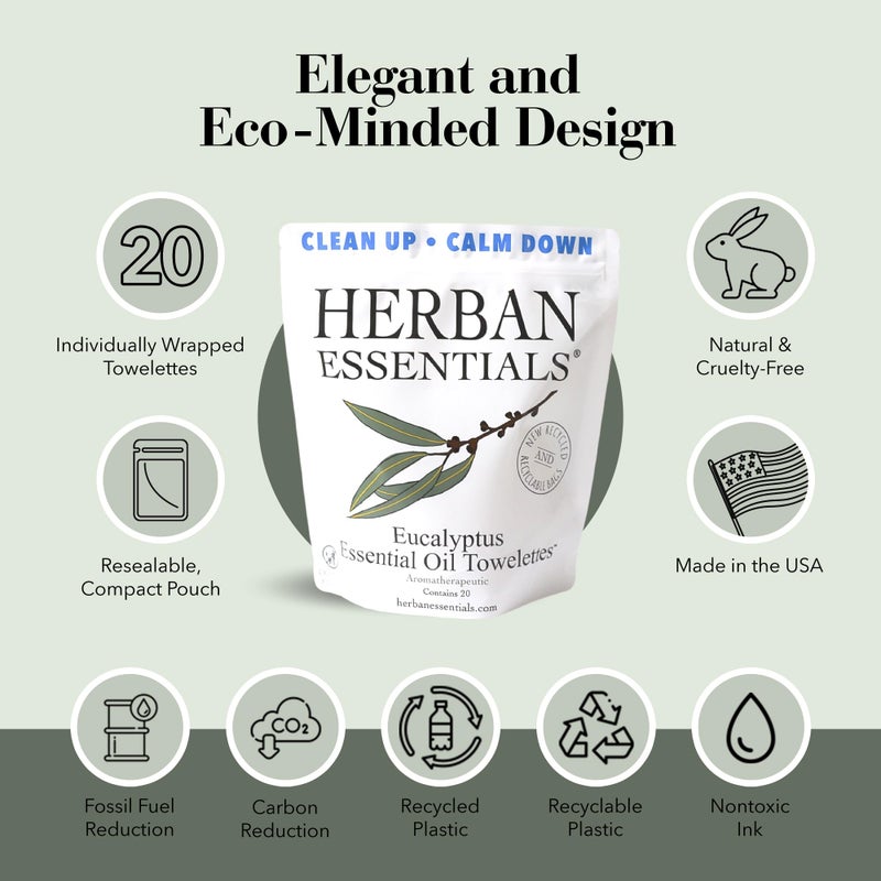 Herban Essentials - Eucalyptus Wipes & Towelettes - Essential Oil Wipes for Hands & Body - Travel Size Essentials and Toiletries - Natural, Individually Wrapped, Disposable & Moist Refresh (20 count) - Image 3