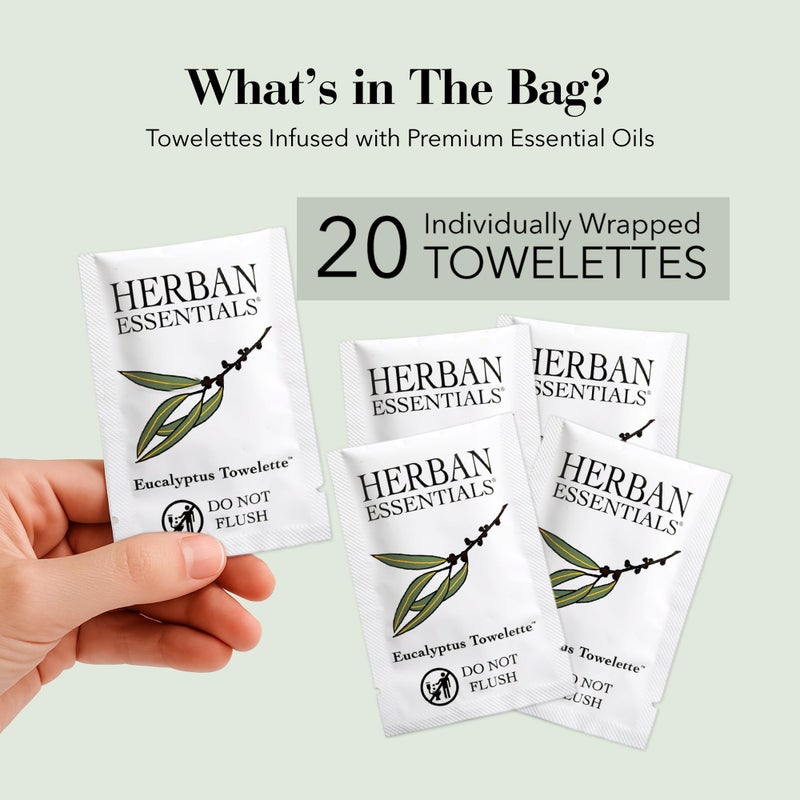 Herban Essentials - Eucalyptus Wipes & Towelettes - Essential Oil Wipes for Hands & Body - Travel Size Essentials and Toiletries - Natural, Individually Wrapped, Disposable & Moist Refresh (20 count) - Image 2