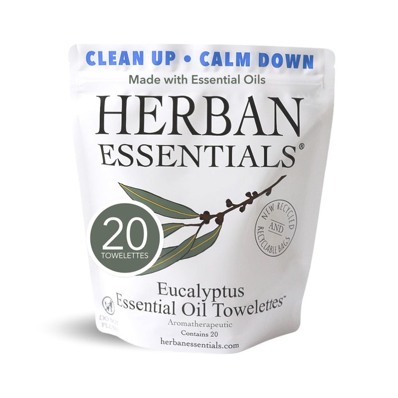 Herban Essentials - Eucalyptus Wipes & Towelettes - Essential Oil Wipes for Hands & Body - Travel Size Essentials and Toiletries - Natural, Individually Wrapped, Disposable & Moist Refresh (20 count) - Image 1