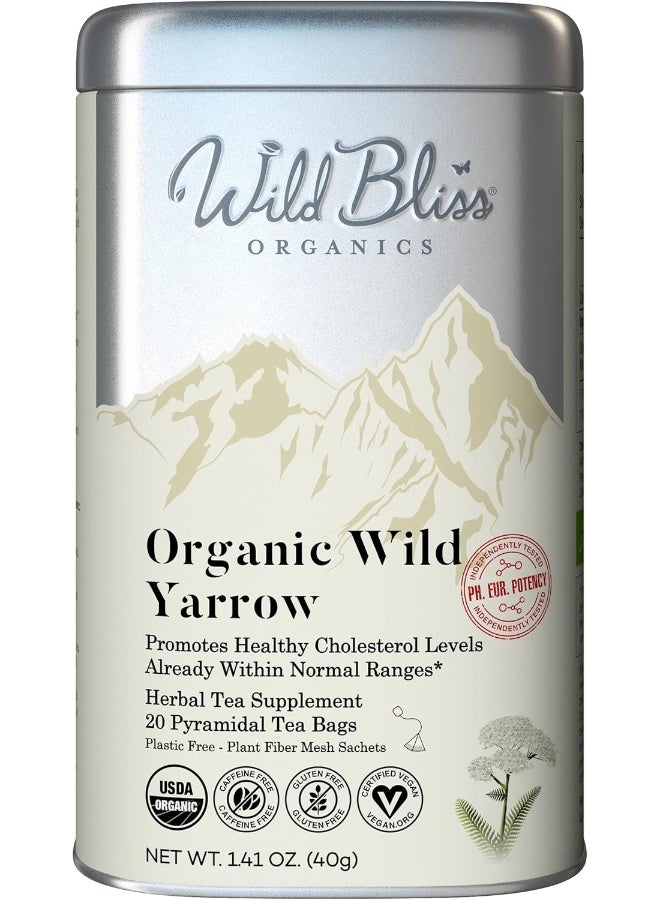 Wild Bliss Organic Wild Yarrow Flower Tea - Caffeine Free Herbal Tea - Pharmacopoeia Potency - 20 Tea Bags - Image 1