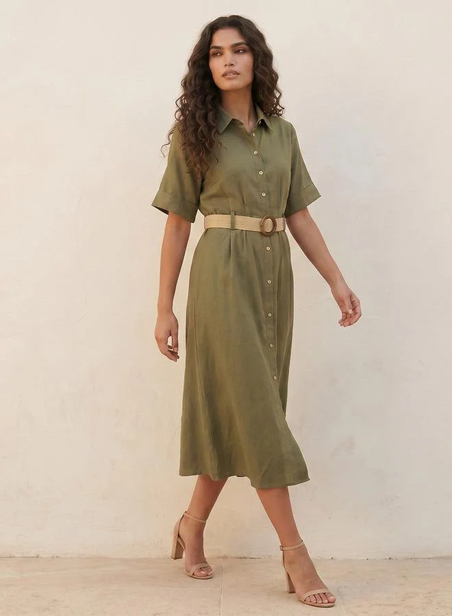 Splash FAV GREEN Basic Belted A Line Midi Shirt Dress for Women | Best Price UAE