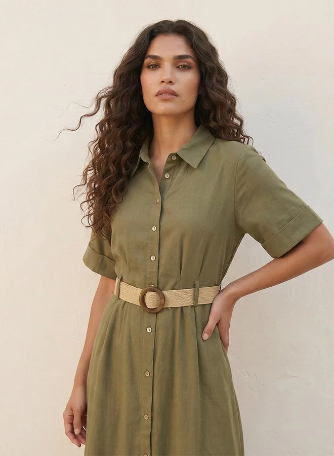 Splash FAV GREEN Basic Belted A Line Midi Shirt Dress for Women | Best Price UAE