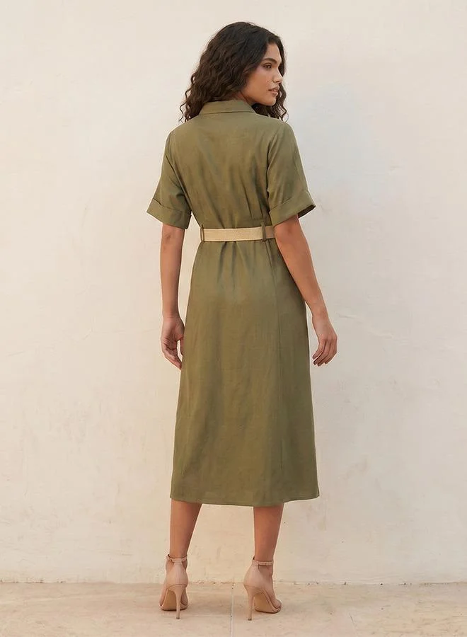Splash FAV GREEN Basic Belted A Line Midi Shirt Dress for Women | Best Price UAE
