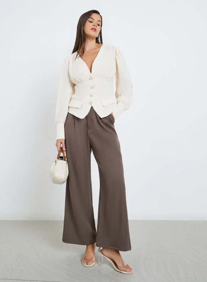 Styli Styli V-Neck Buttoned Balloon Sleeve Tops