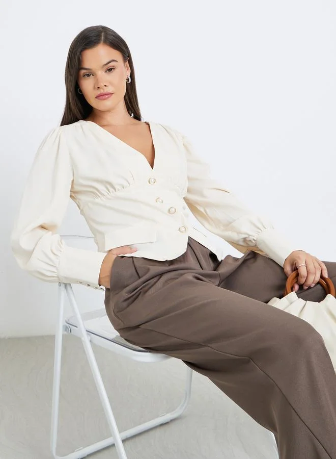 Styli Styli V-Neck Buttoned Balloon Sleeve Tops