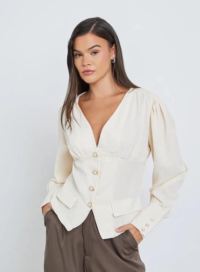 Styli Styli V-Neck Buttoned Balloon Sleeve Tops
