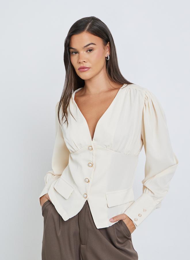 Styli V-Neck Buttoned Balloon Sleeve Tops - Image 1