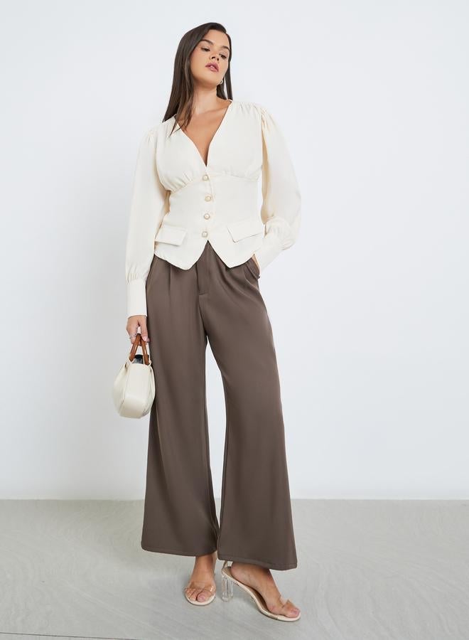 Styli V-Neck Buttoned Balloon Sleeve Tops - Image 2