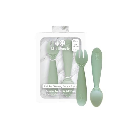 ezpz Mini Utensils - 12 Months+ (Fork & Spoon in Sage) - 100% BPA Free Fork and Spoon - Toddler Utensils - Designed by a Pediatric Feeding Specialist - Image 1