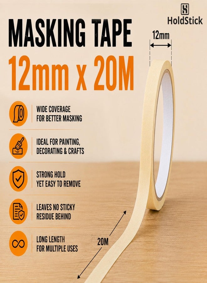 HoldStick Masking Tape - 12mm x 20M, Easy Tear, Residue-Free, Painter’s & Carpentry Tape for Labelling, Painting, Decorating, Surface Protection, Multi-Surface Use - Pack of 1 - Image 2