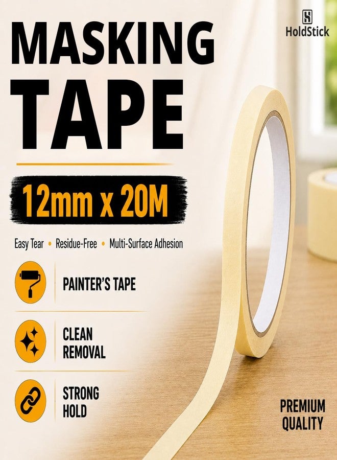 HoldStick Masking Tape - 12mm x 20M, Easy Tear, Residue-Free, Painter’s & Carpentry Tape for Labelling, Painting, Decorating, Surface Protection, Multi-Surface Use - Pack of 1 - Image 3