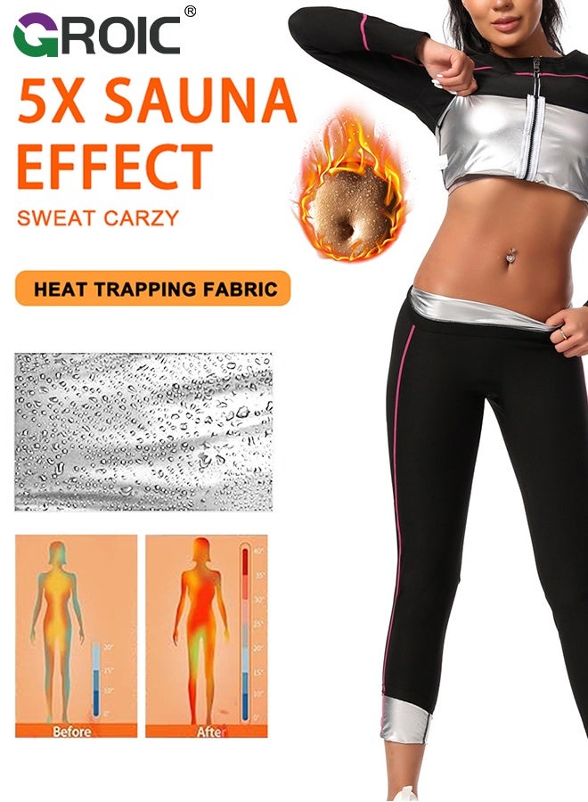 GROIC Sauna Suit For Women,Weight Loss Workout Sweat Vest Waist Trainer,Long Sleeve,Corset Sweatsuit,Full-Body Sweat-Enhancing Workout Gear with Gloves and Foot Covers for Calorie Burn and Detox - Image 2