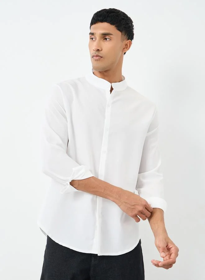 Styli Styli Linen Blend Mandarin Collar Regular Fit Shirt