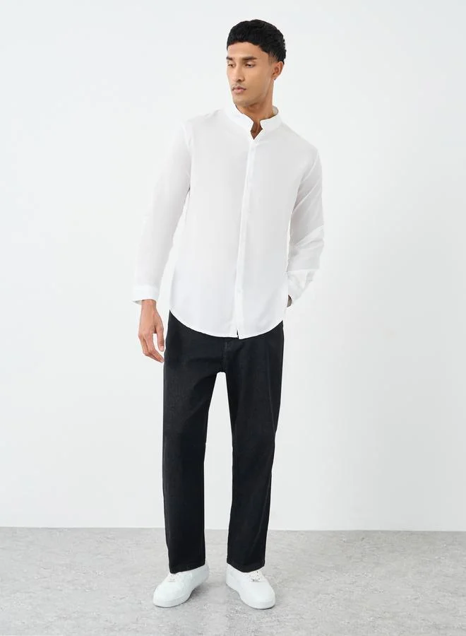 Styli Styli Linen Blend Mandarin Collar Regular Fit Shirt