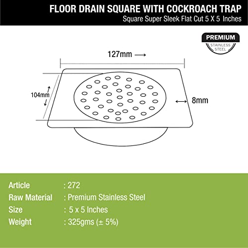 LIPKA Square Super Sleek Flat Cut Floor Drain |304-Grade Stainless Steel |5 x 5 Inches| with Cockroach Trap/Jali | - Image 2