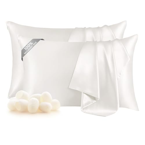 THXSILK Set of 2 100 Pure Mulberry Silk Pillowcases for Hair and Skin Upgraded Real Grade 6A Mulberry Silk Durable Soft and AntiAging Silk Pillow Cases King 20x36 White - Image 1