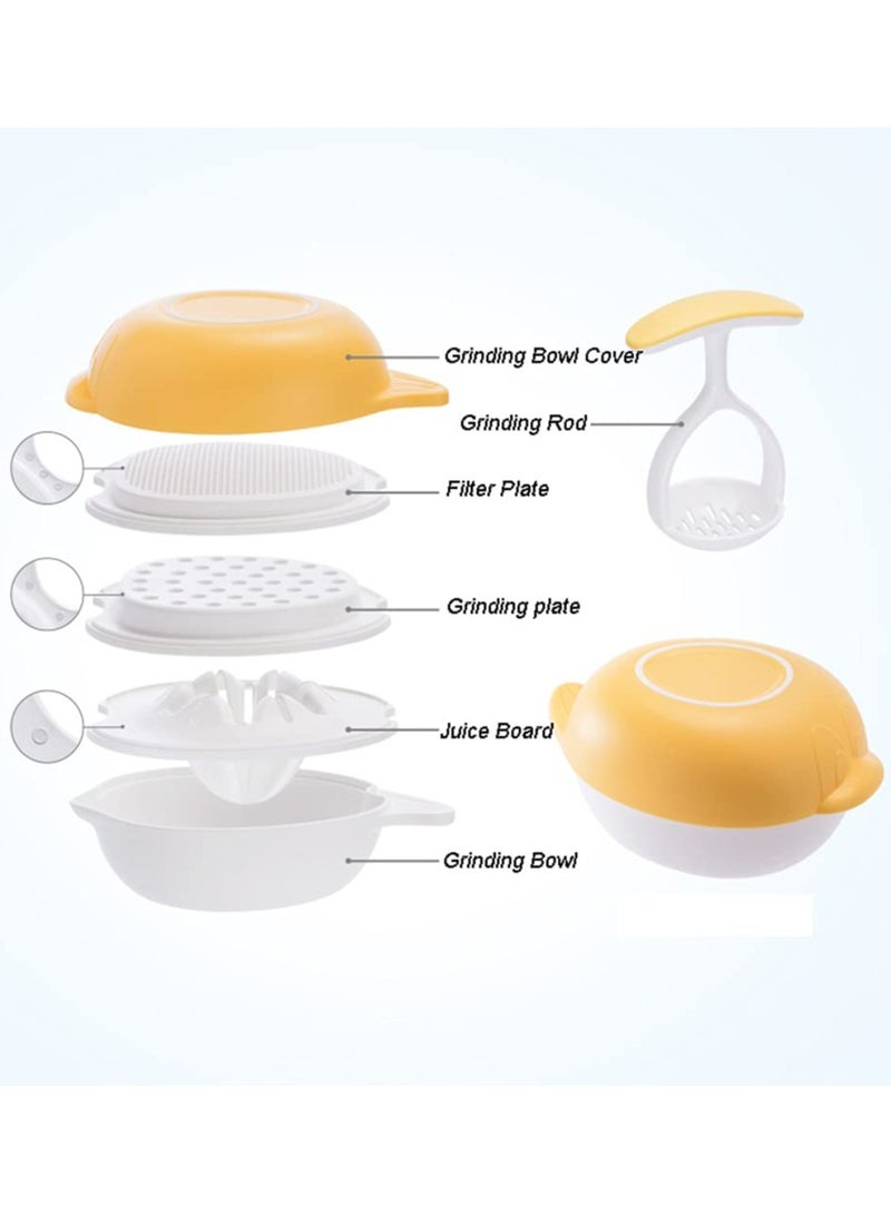 Baby Food Supplement Grinder Set of Six - Multifunctional Layered Design, Manual Baby Puree Cooking Tool, 370ml Grinding Bowl for Fruits & Vegetables, Portable Baby Food Masher with Juice Filter - Cartoon Yellow  - Image 3