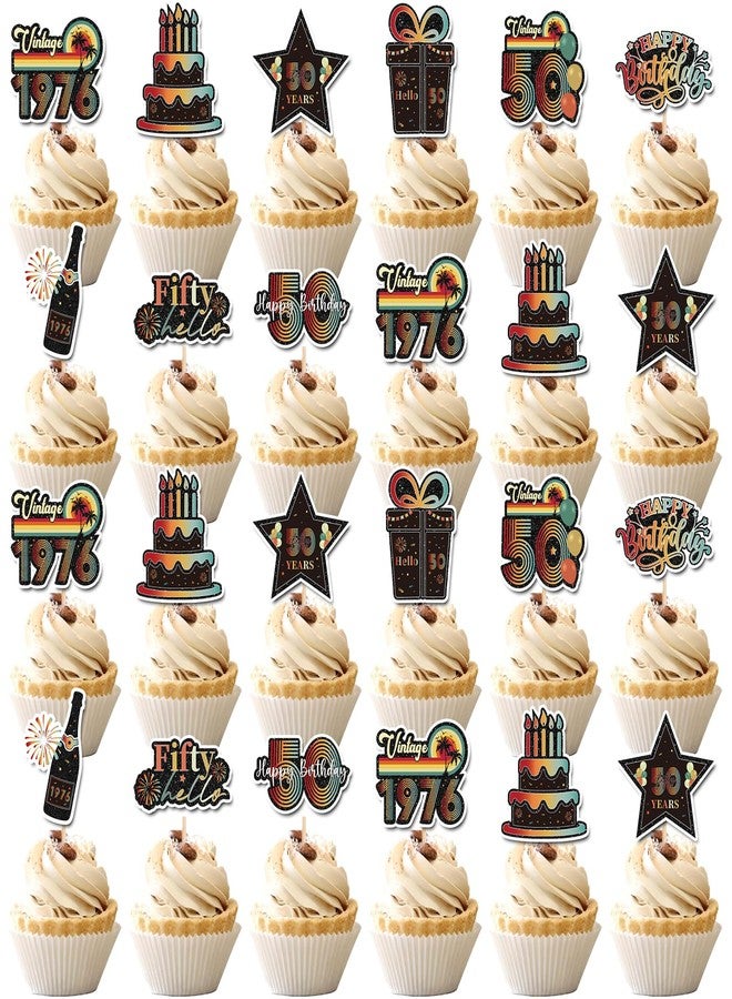 Hokinaa 50th Birthday Cupcake Toppers - 36 Pcs Vintage Retro Sunset Birthday Party Decorations Paper Cup Cake Picks, Happy Anniversary Cheers to 50 Year Old Back in 1976 Decor Supplies for Men Women - Image 1