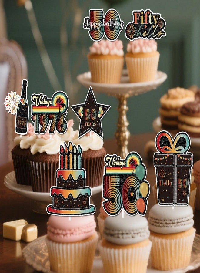 Hokinaa 50th Birthday Cupcake Toppers - 36 Pcs Vintage Retro Sunset Birthday Party Decorations Paper Cup Cake Picks, Happy Anniversary Cheers to 50 Year Old Back in 1976 Decor Supplies for Men Women - Image 2