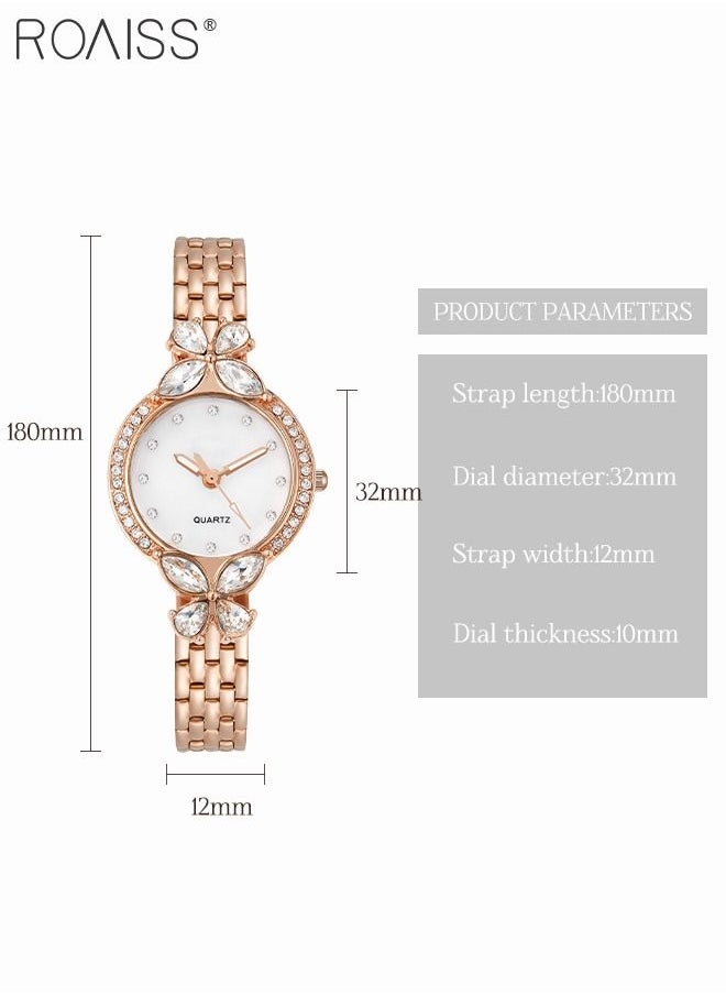 roaiss - Women's Steel Strap Quartz Watch, Analog Display Round Dial Watch with Petal Shaped Rhinestones Decoration, Waterproof Elegant Watch as Gift for Women - Image 1
