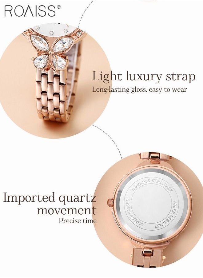 roaiss - Women's Steel Strap Quartz Watch, Analog Display Round Dial Watch with Petal Shaped Rhinestones Decoration, Waterproof Elegant Watch as Gift for Women - Image 1