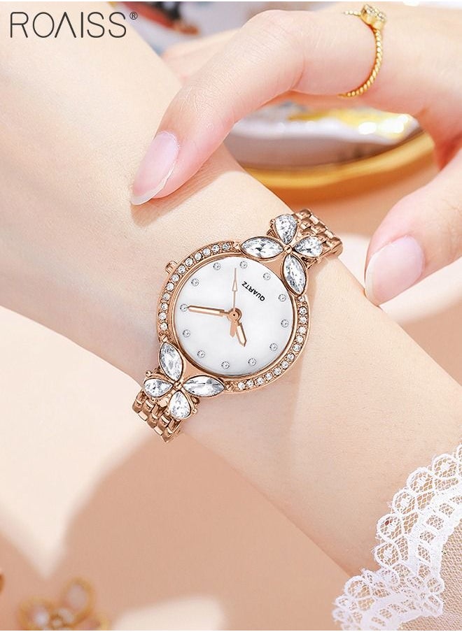 roaiss - Women's Steel Strap Quartz Watch, Analog Display Round Dial Watch with Petal Shaped Rhinestones Decoration, Waterproof Elegant Watch as Gift for Women - Image 1