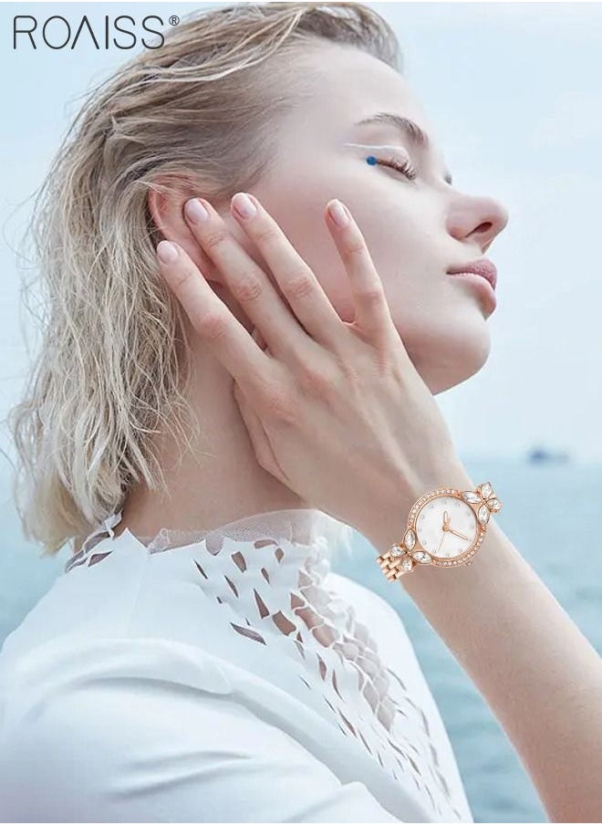 roaiss - Women's Steel Strap Quartz Watch, Analog Display Round Dial Watch with Petal Shaped Rhinestones Decoration, Waterproof Elegant Watch as Gift for Women - Image 1