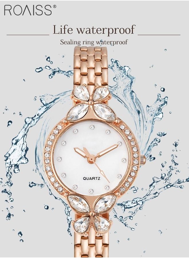 roaiss - Women's Steel Strap Quartz Watch, Analog Display Round Dial Watch with Petal Shaped Rhinestones Decoration, Waterproof Elegant Watch as Gift for Women - Image 1