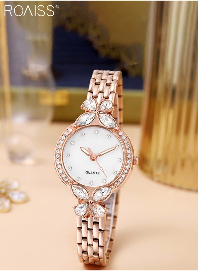 roaiss - Women's Steel Strap Quartz Watch, Analog Display Round Dial Watch with Petal Shaped Rhinestones Decoration, Waterproof Elegant Watch as Gift for Women - Image 1