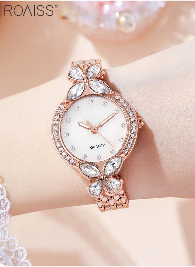 roaiss - Women's Steel Strap Quartz Watch, Analog Display Round Dial Watch with Petal Shaped Rhinestones Decoration, Waterproof Elegant Watch as Gift for Women - Image 1
