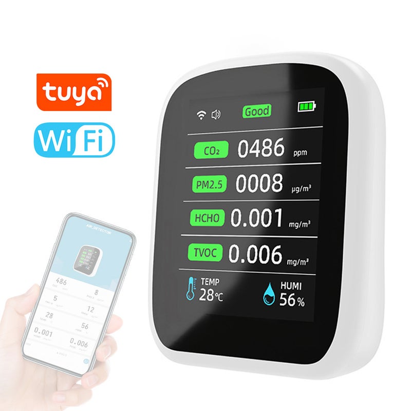 Tuya Wifi Portable Air Quality Meter 8in1 PM1.0 PM2.5 PM10 CO2 TVOC HCHO Temperature and Humidity Tester LCD Color Screen Carbon Dioxide Detector with Time and Date Display Function - Image 1