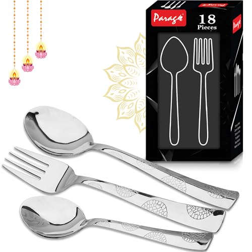 Parage 18 Pieces Stainless Steel Cutlery Set, Premium Cutlery for Home & Kitchen, Luxury Dining Tableware Gift for House Warming, Silver, Moonpress (6 Pieces Each Table Spoons, Forks & Tea Spoons) - Image 1
