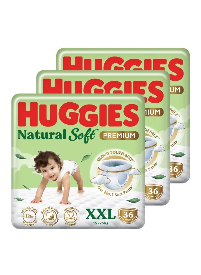 Huggies Natural Soft Premium Baby Diaper Pants, Our No.1 Soft Pants, Double Extra Large (XXL) Size (15-25 Kgs), Combo Pack of 36 *3 diapers | Cloud Softness All over with India's 1st Cloud Touch BeltT