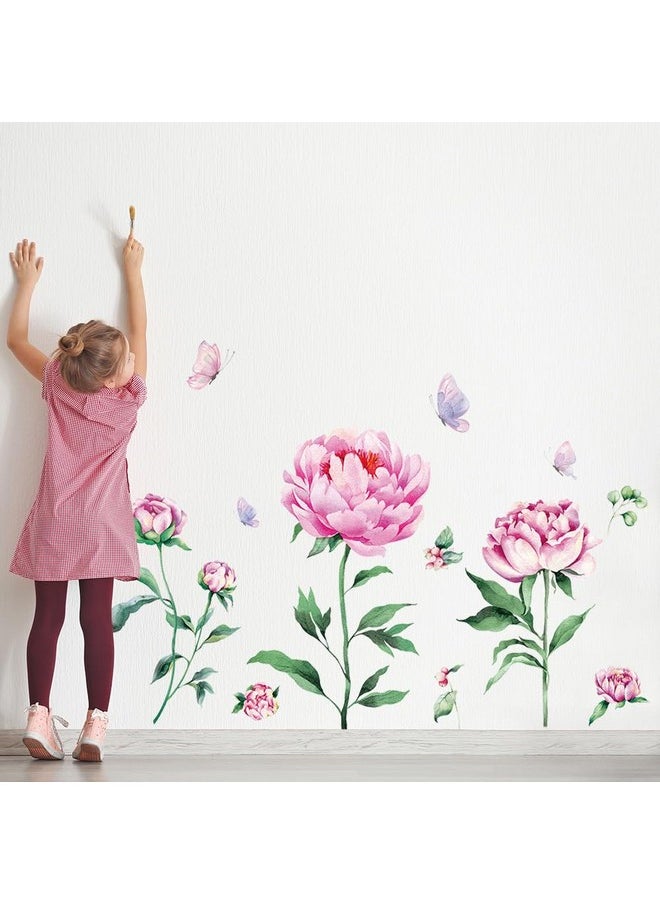 Amtoodopin - Peony Flower Wall Decals Pink Floral Wall Stickers Peel And Stick Flower Wall Murals Butterfly Floral Wall Decor Diy Removable Vinyl Wall Art For Nursery Bedroom Girls Room - Image 1