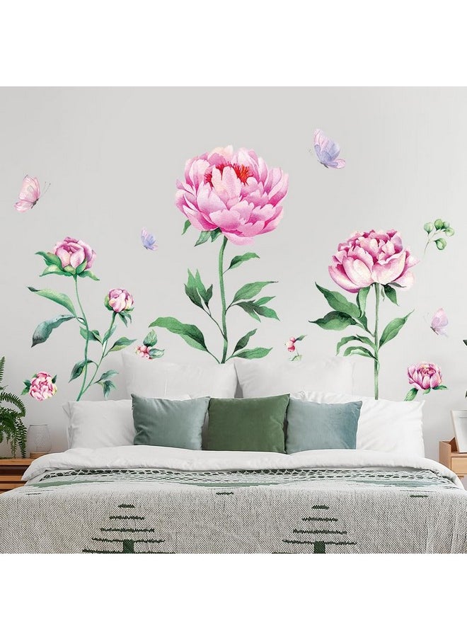 Amtoodopin - Peony Flower Wall Decals Pink Floral Wall Stickers Peel And Stick Flower Wall Murals Butterfly Floral Wall Decor Diy Removable Vinyl Wall Art For Nursery Bedroom Girls Room - Image 1