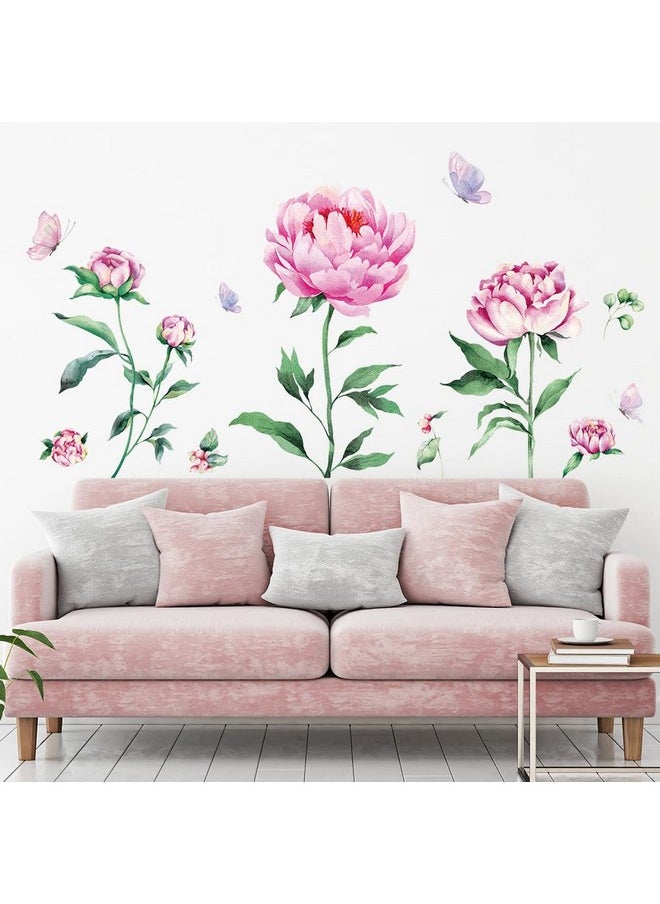 Amtoodopin - Peony Flower Wall Decals Pink Floral Wall Stickers Peel And Stick Flower Wall Murals Butterfly Floral Wall Decor Diy Removable Vinyl Wall Art For Nursery Bedroom Girls Room - Image 1