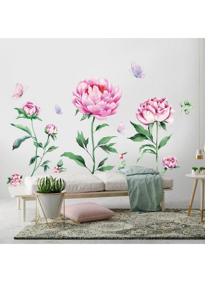 Amtoodopin - Peony Flower Wall Decals Pink Floral Wall Stickers Peel And Stick Flower Wall Murals Butterfly Floral Wall Decor Diy Removable Vinyl Wall Art For Nursery Bedroom Girls Room - Image 1