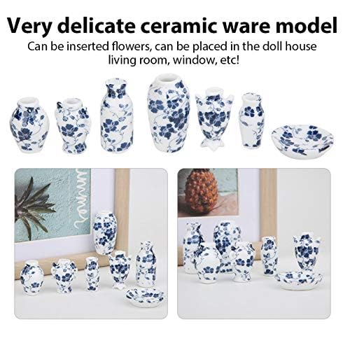 كويداموس دمية منزل مزهرية مزهرية مزهرية مصغرة الخزف الأزرق والأبيض مع زعنفة على الطراز الصيني القوي لدمى نافذة غرفة المعيشة البيت دمية - Image 2