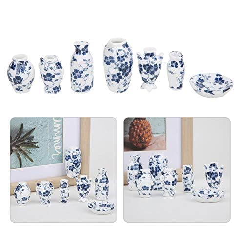 كويداموس دمية منزل مزهرية مزهرية مزهرية مصغرة الخزف الأزرق والأبيض مع زعنفة على الطراز الصيني القوي لدمى نافذة غرفة المعيشة البيت دمية - Image 5