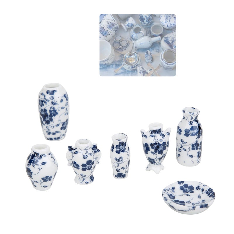 كويداموس دمية منزل مزهرية مزهرية مزهرية مصغرة الخزف الأزرق والأبيض مع زعنفة على الطراز الصيني القوي لدمى نافذة غرفة المعيشة البيت دمية - Image 1