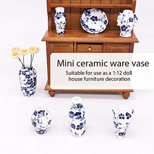 كويداموس دمية منزل مزهرية مزهرية مزهرية مصغرة الخزف الأزرق والأبيض مع زعنفة على الطراز الصيني القوي لدمى نافذة غرفة المعيشة البيت دمية - Image 4