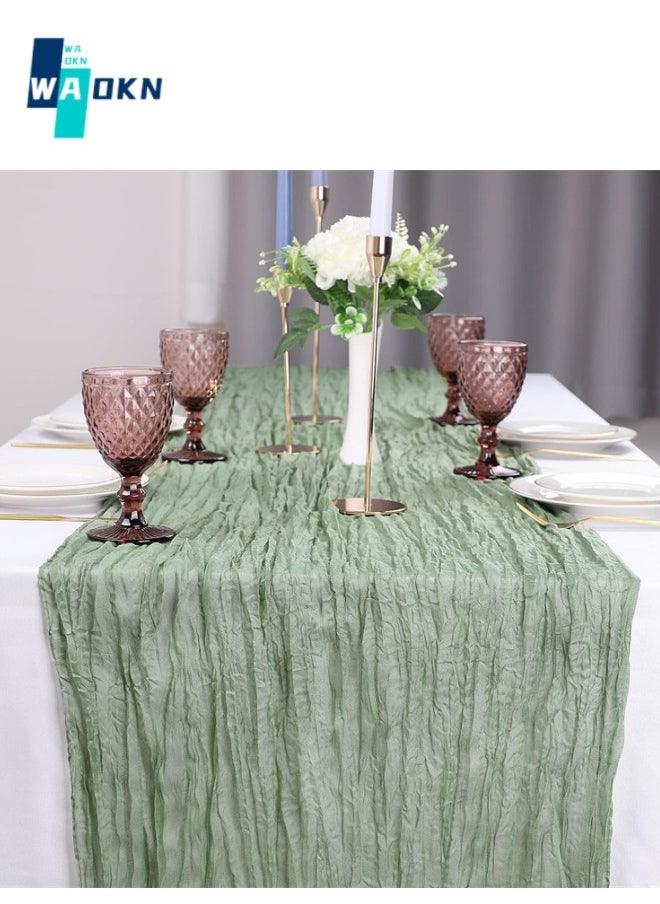 WAOKN 3m Thick Polyester Table Runner, Green Wedding Tablecloth, 90x400cm Bohemian Gauze Tablecloth, Rustic Transparent Table Decoration for Romantic Bridal Shower, Baby Shower, Birthday Party  - Image 1