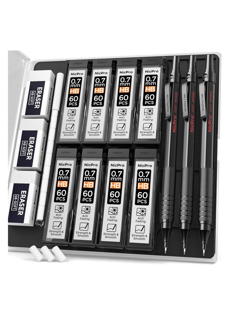 Nicpro - 0.7 Mm Mechanical Pencils Set With Case 3 Metal Artist Pencil With 6 Tube Hb Lead Refills 3 Erasers 9 Eraser Refills For Architect Art Writing Drafting Drawing Engineering Sketching Black - Image 1