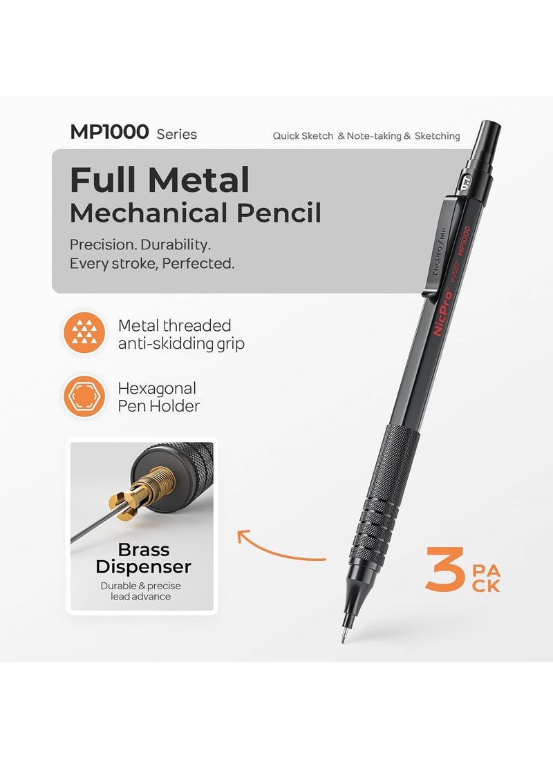 Nicpro - 0.7 Mm Mechanical Pencils Set With Case 3 Metal Artist Pencil With 6 Tube Hb Lead Refills 3 Erasers 9 Eraser Refills For Architect Art Writing Drafting Drawing Engineering Sketching Black - Image 1