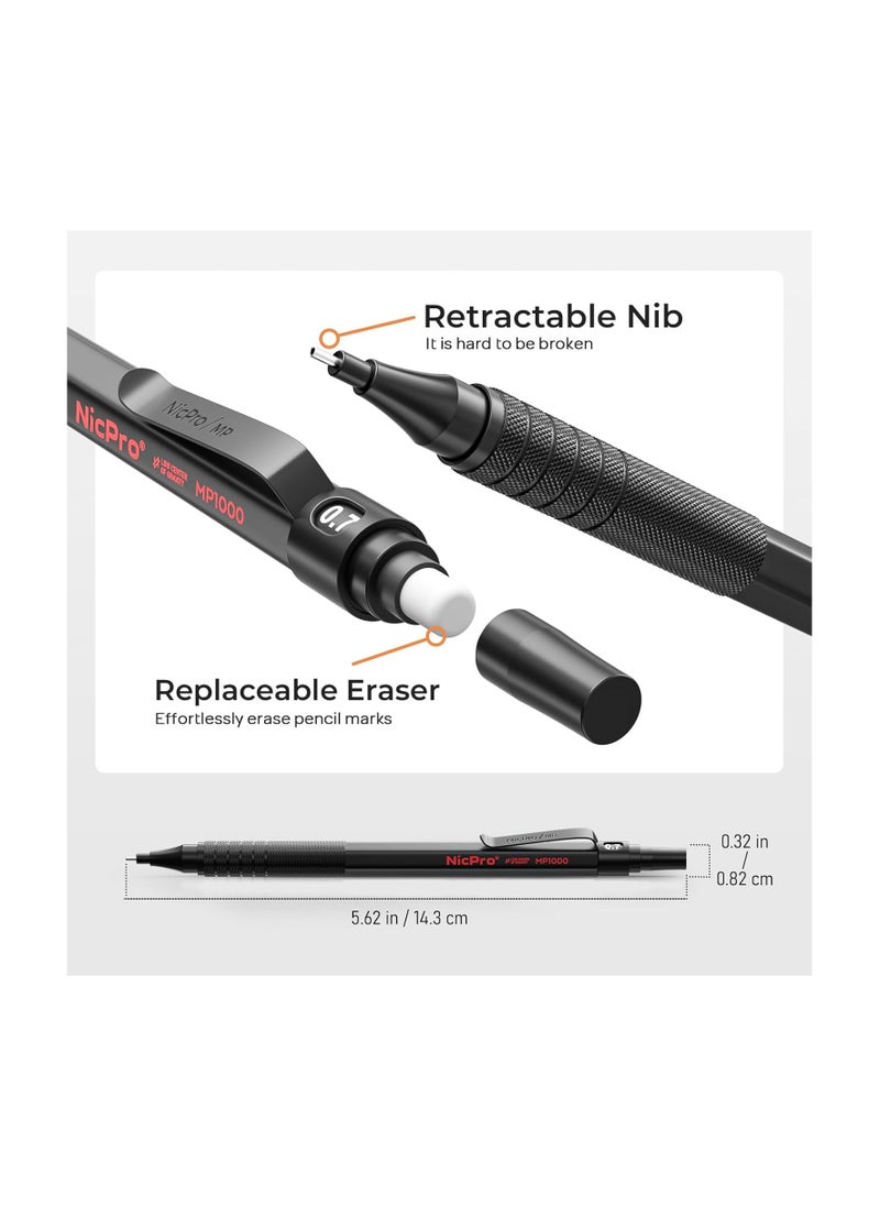 Nicpro - 0.7 Mm Mechanical Pencils Set With Case 3 Metal Artist Pencil With 6 Tube Hb Lead Refills 3 Erasers 9 Eraser Refills For Architect Art Writing Drafting Drawing Engineering Sketching Black - Image 1